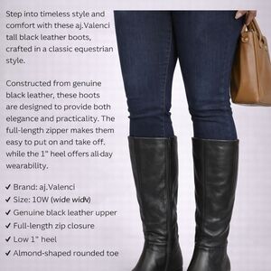aj.Valenci Tall Black Leather Boots Size 10W Wide Width Low 1" Heel Full Zipper